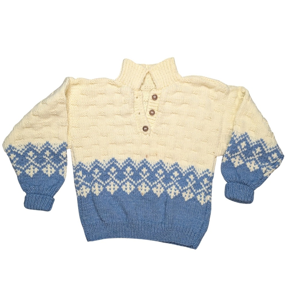 Homemade XL White Blue Chunk Knit Long Sleeve Thick Warm Sweater Button‎ Neck